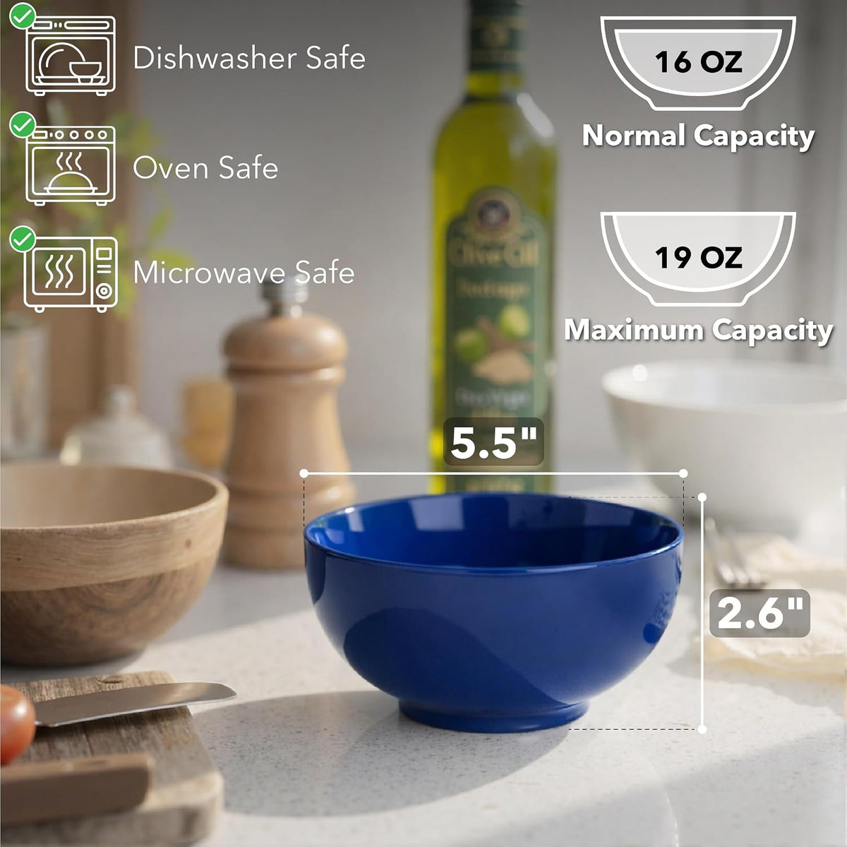 Brew To A Tea BTaT- Soup Bowls Set, 16 Ounces, Set of 12, Navy Blue, Porcelain Dishes for Soup, Rice, Salad, Noodle, Microwave, Oven, Freezer & Dishwasher Safe, Deep Cereal Bowls for Kitchen