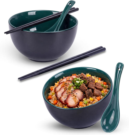 Rice Bowl Set of 2 with Chopsticks and Spoons, 5.4" Black and Green, 25 oz