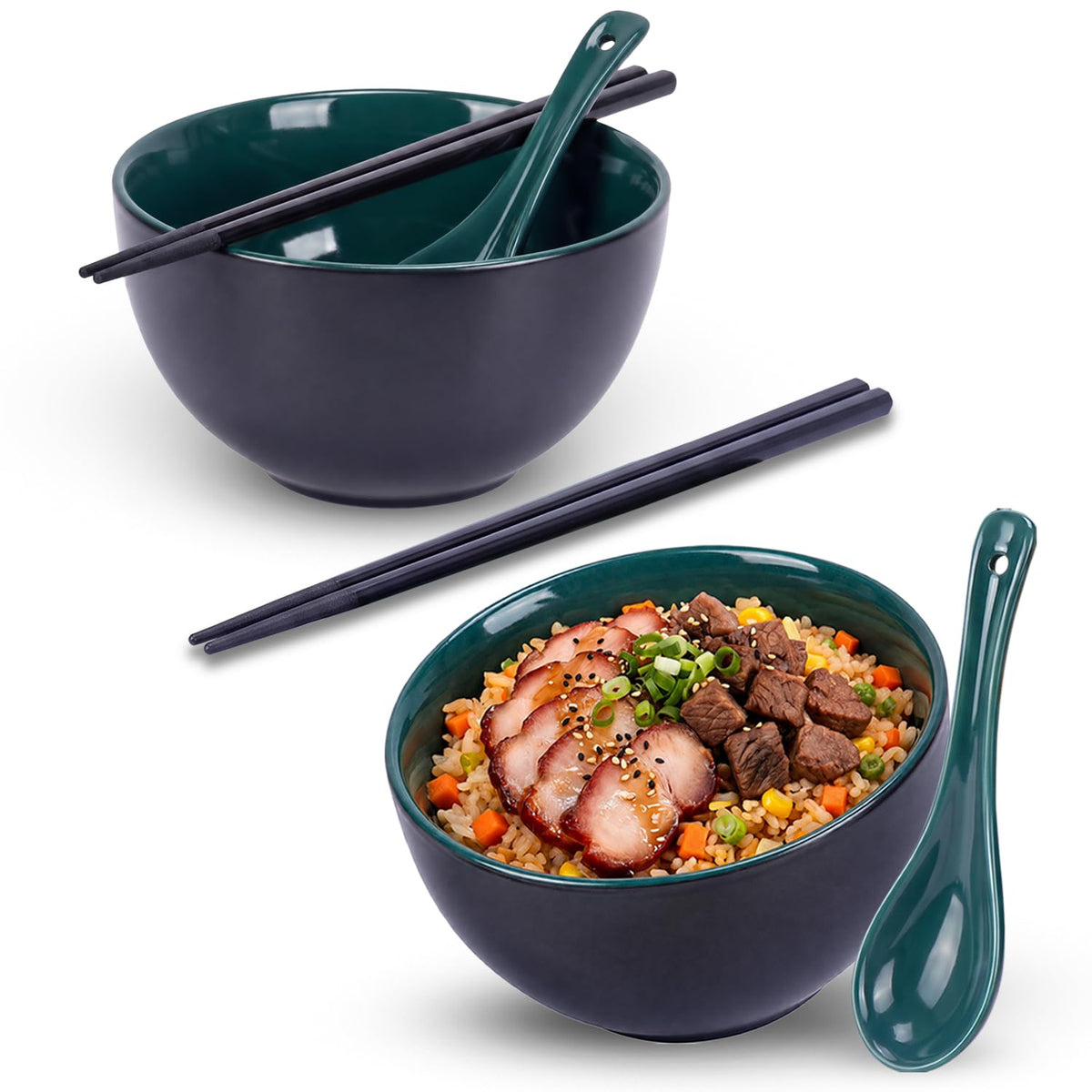 Rice Bowl Set of 2 with Chopsticks and Spoons, 5.4" Black and Green, 25 oz