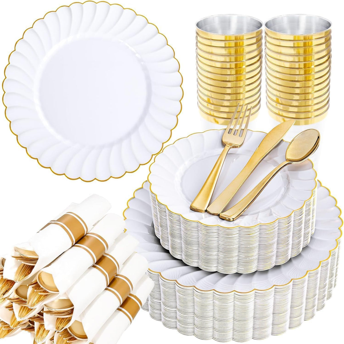 YOUBET 350PCS Ivory Scalloped Plastic Plates for Wedding Party