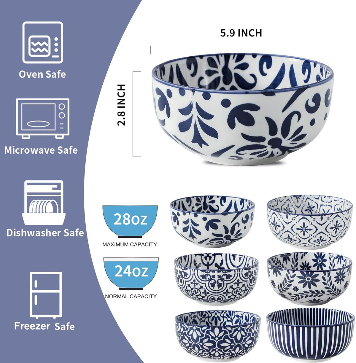 Soup Bowls, 28 Ounce Ceramic Cereal Bowls Set of 6