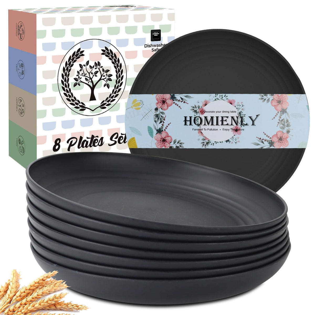 Homienly Deep Dinner Plates Set of 8 Alternative for Plastic Plates Microwave and Dishwasher Safe Wheat Straw Plates for Kitchen Unbreakable Kids Plate Set with 4 Colors (Classic Bright, 9 inch)
