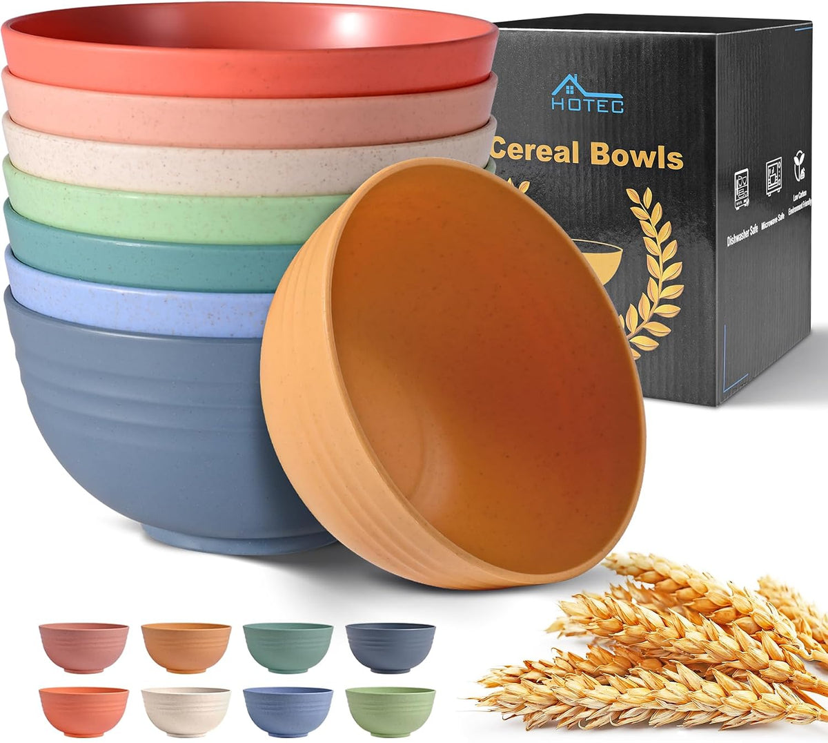 HOTEC 8-Pack 26oz Wheat Straw Cereal Plastic Bowls set, Multicolor