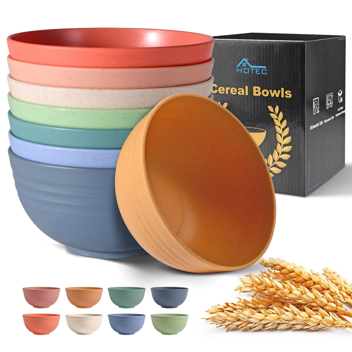 HOTEC 8-Pack 26oz Wheat Straw Cereal Plastic Bowls set, Multicolor