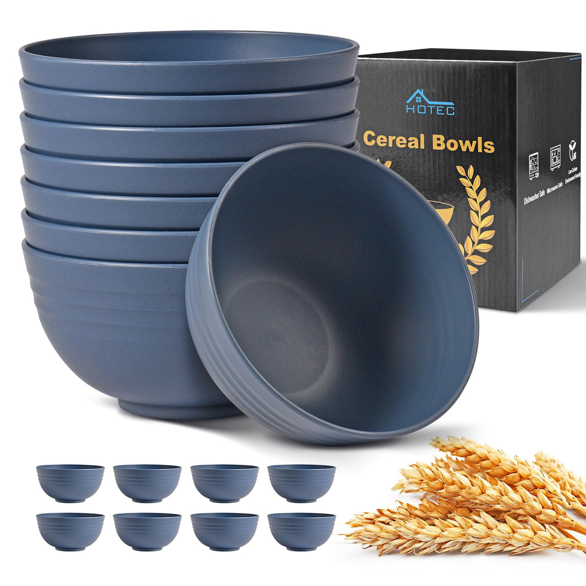 HOTEC 8-Pack 26oz Wheat Straw Cereal Plastic Bowls set, Multicolor