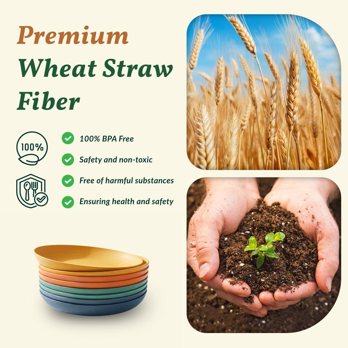 Homienly Deep Dinner Plates Set of 8 Alternative for Plastic Plates Microwave and Dishwasher Safe Wheat Straw Plates for Kitchen Unbreakable Kids Plate Set with 4 Colors (Classic Bright, 9 inch)