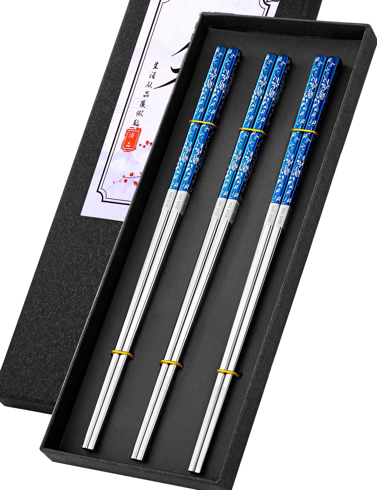 Metal Chopsticks Reusable 18/8 Stainless Steel Sleek Engraving Patterns Chop Sticks Reusable Dishwasher Safe Non-Slip Chopsticks+Flower Silver 5 Pairs