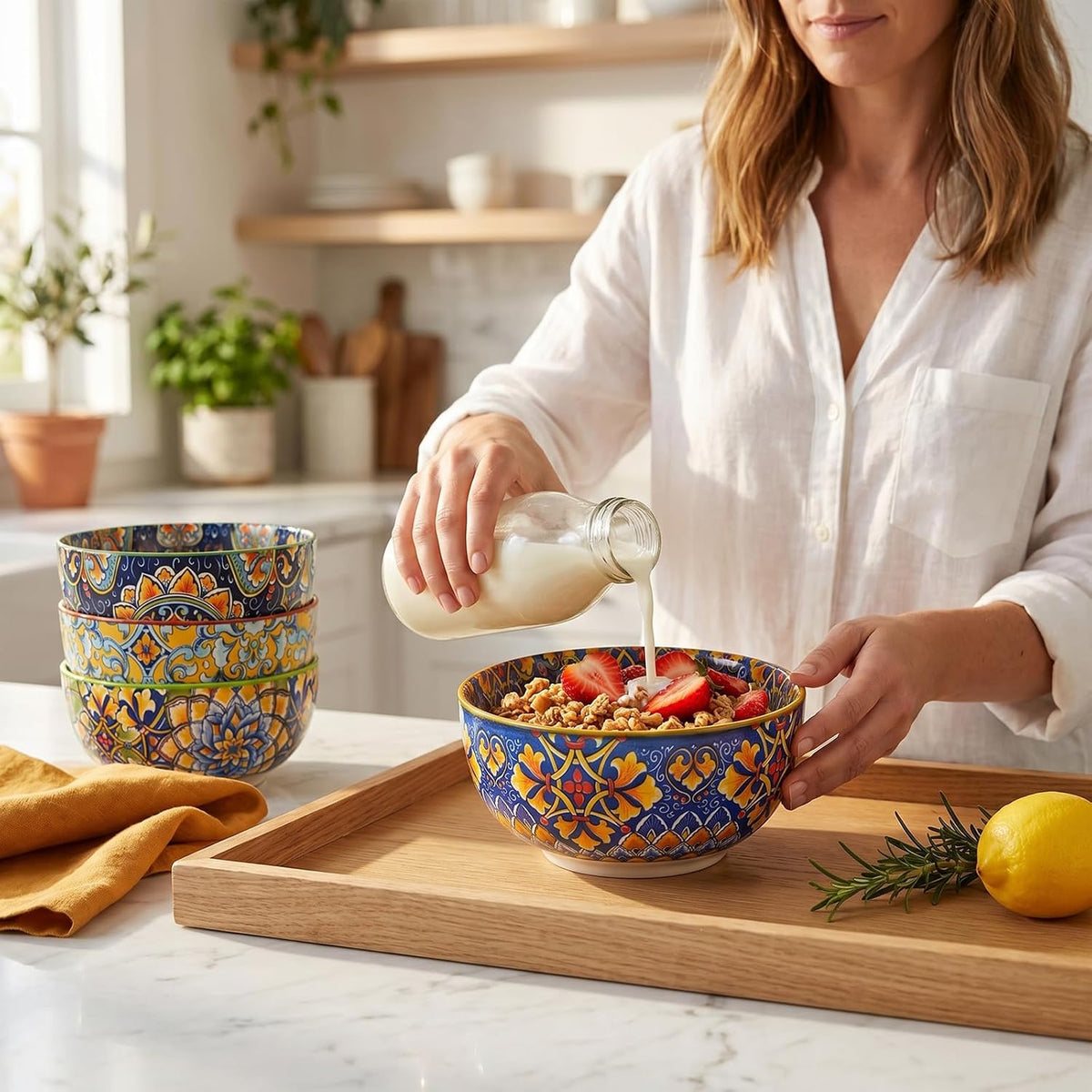 Boho Bowl Set of 6, 28 oz Colorful Ceramic Soup Cereal Bowls, Pasta