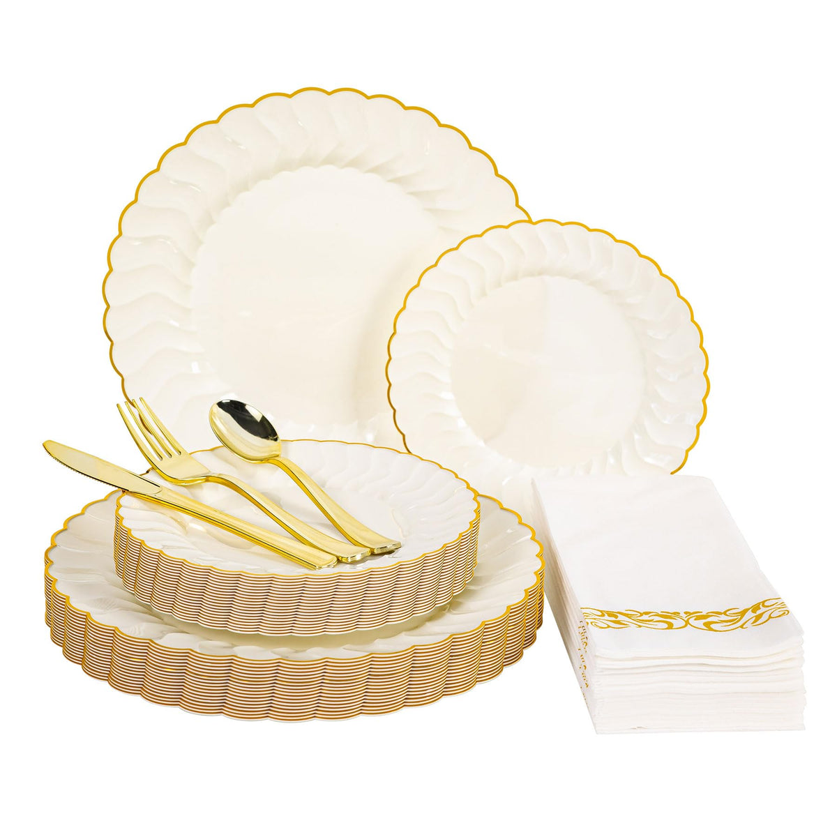 Lullaby 60PCS Ivory Scalloped Plastic Plate with Gold Rim for Party Wedding