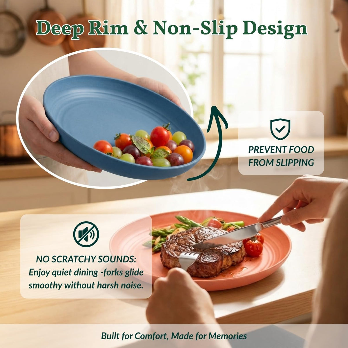 Homienly Deep Dinner Plates Set of 8 Alternative for Plastic Plates Microwave and Dishwasher Safe Wheat Straw Plates for Kitchen Unbreakable Kids Plate Set with 4 Colors (Classic Bright, 9 inch)