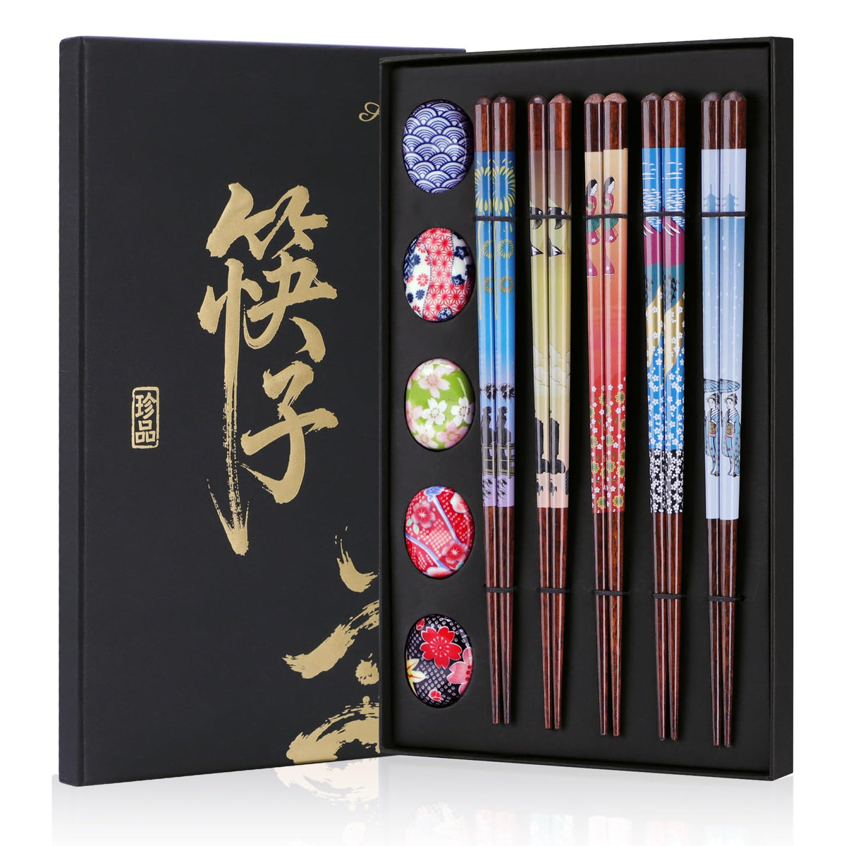 Antner 5 Pairs Reusable Bamboo Chopsticks with Ceramic Rests, 8.8 Inch Japanese Style Chop Sticks with Chopstick Holders for Sushi Ramen Asian Cuisine, Elegant Black Gift Box for Home or Gift Giving