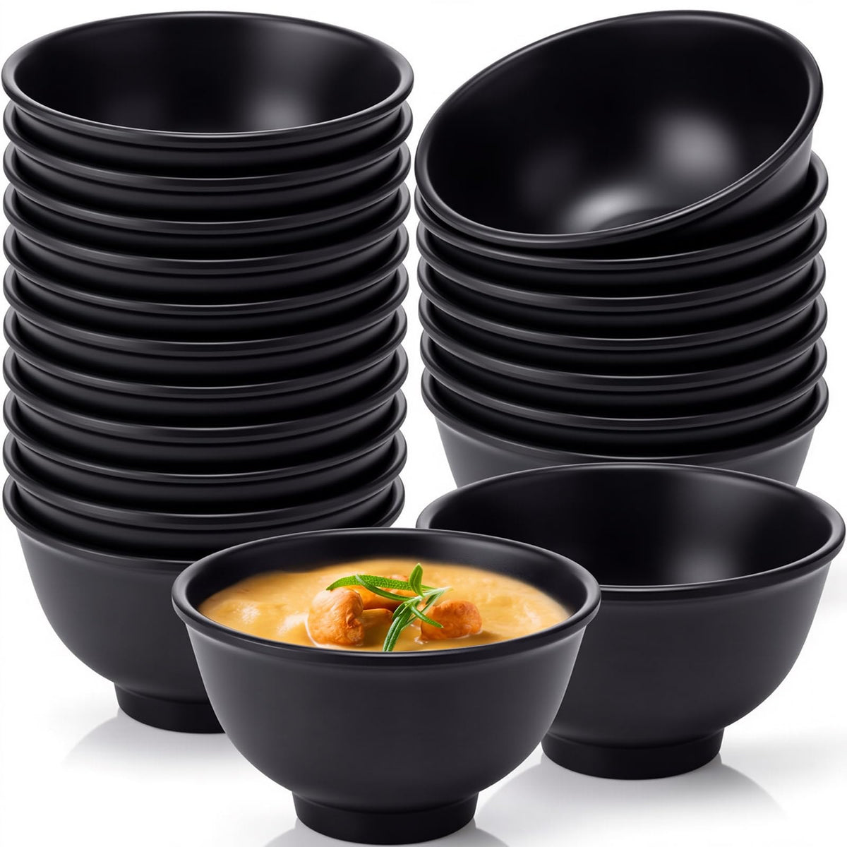 Tioncy 20 Pack 10 oz Melamine Bowls Black Round for Dessert Soup Cereal