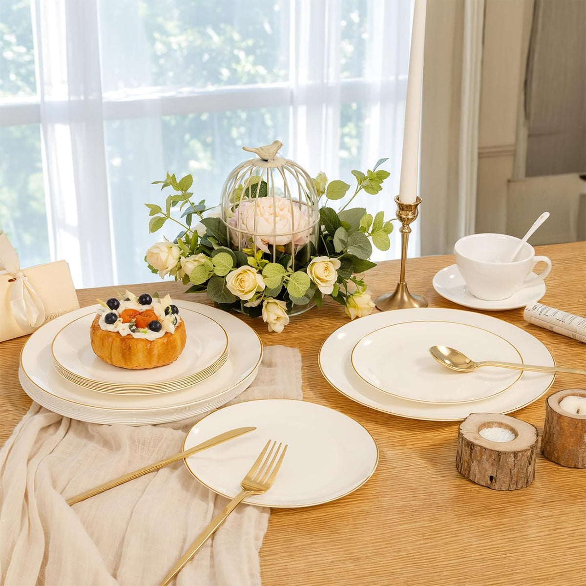 PULOTE 100PCS Ivory Plastic Plates - Cream Plastic Disposable Heavy Duty for Party & Wedding - Include 50 Each (Dinner & Dessert) Plates