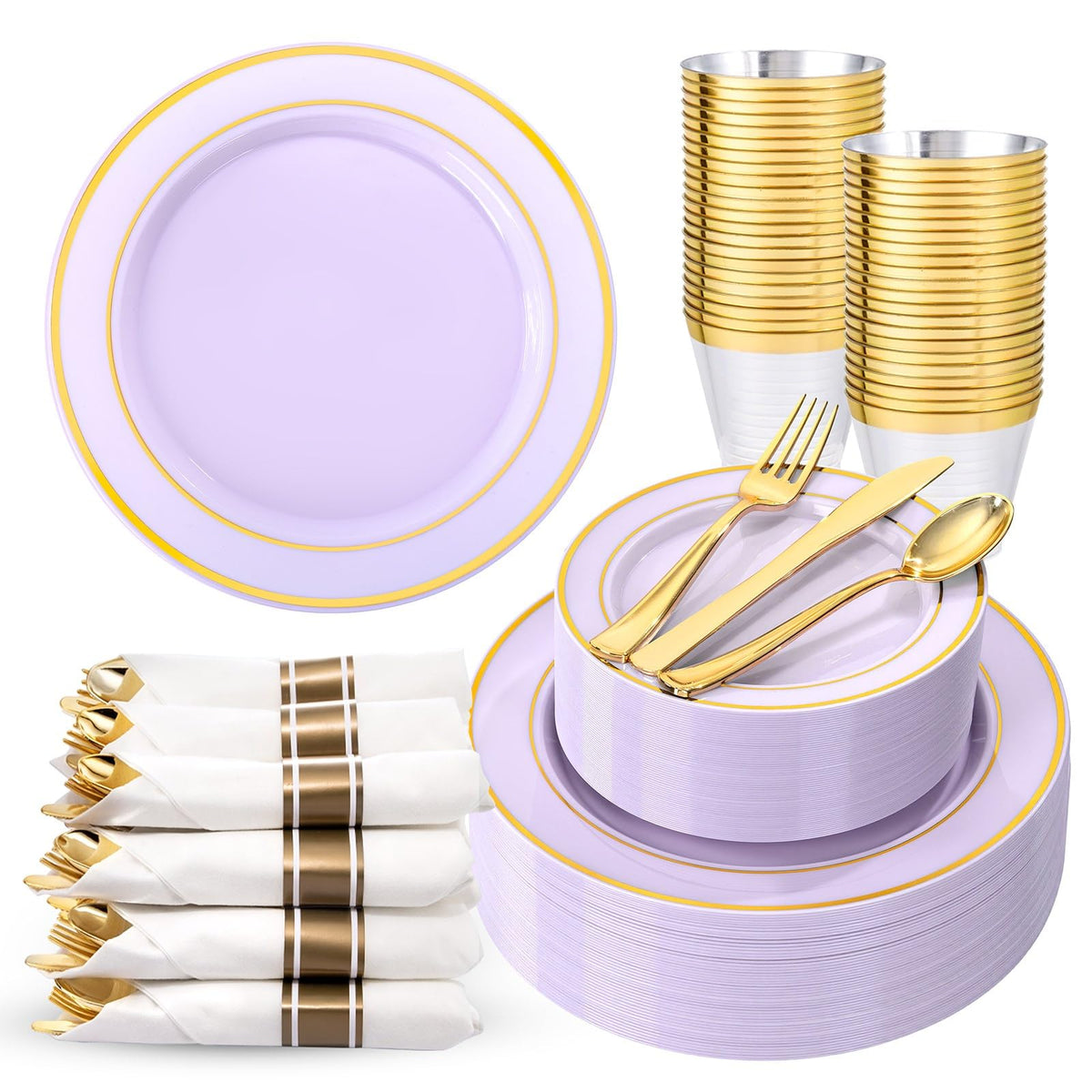 WDF Partyware 350Piece Gold Dinnerware Set for 50 Guests - Gold Plastic Plates with Disposable Cutlery - 50Dinner Plates-50Dessert Plates-50Pre Rolled Napkins with Silverware for Wedding/Birthday