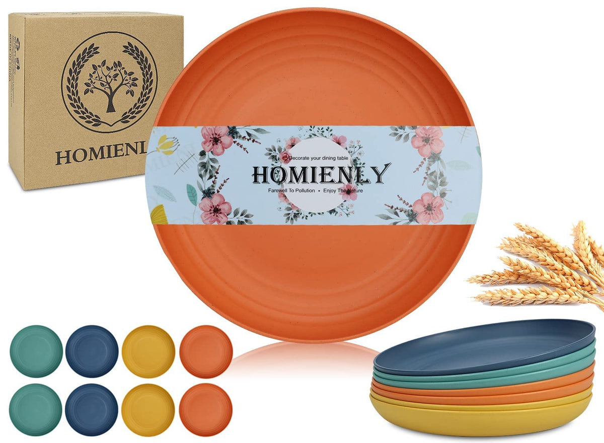 Homienly Deep Dinner Plates Set of 8 Alternative for Plastic Plates Microwave and Dishwasher Safe Wheat Straw Plates for Kitchen Unbreakable Kids Plate Set with 4 Colors (Classic Bright, 9 inch)