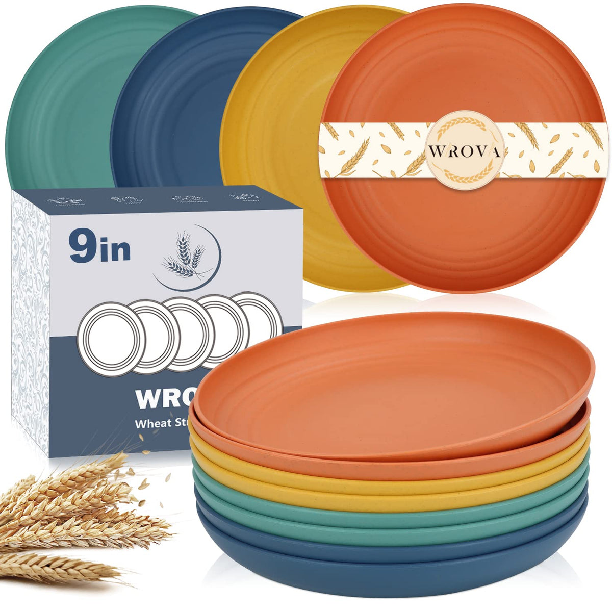 Wrova Large Wheat Straw Dinner Plates - 11 Inch Unbreakable Set of 8 - Dishwasher & Microwave Safe, Deep Edge for Kitchen and Camping (Black)