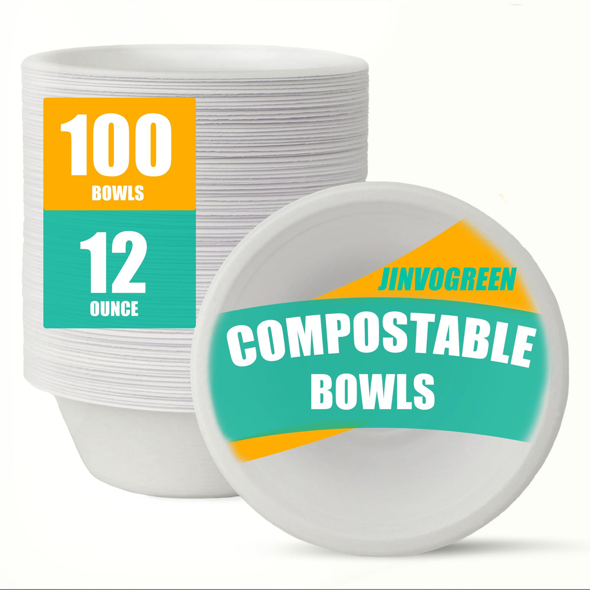 JINVOGREEN Paper Bowls, 500 Count 12 oz Compostable Paper Bowls Bulk, White