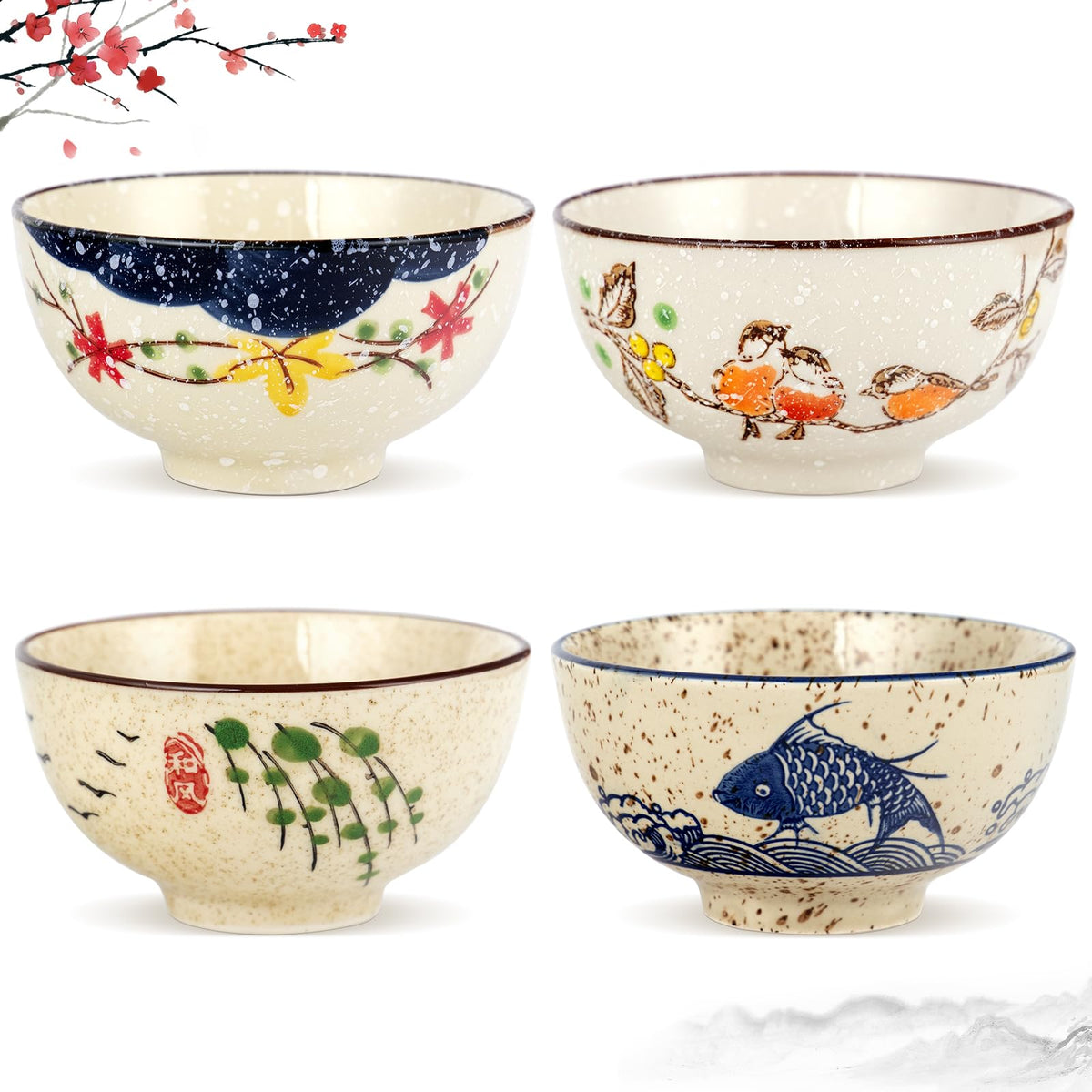 clothmile 4.5 Inch Japanese Retro Rice Bowls Set of 6 Japanese Style Hand-Painted Floral Plum Ceramic Bowls for Cereal, Soup, Dessert, Snack, Fruit, Salsa for Xmas Holiday Present