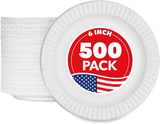 6-Inch Paper Plates Uncoated, Everyday Disposable Dessert Plates 6" Paper Plate Bulk, White, 500 Count, Stock Your Home