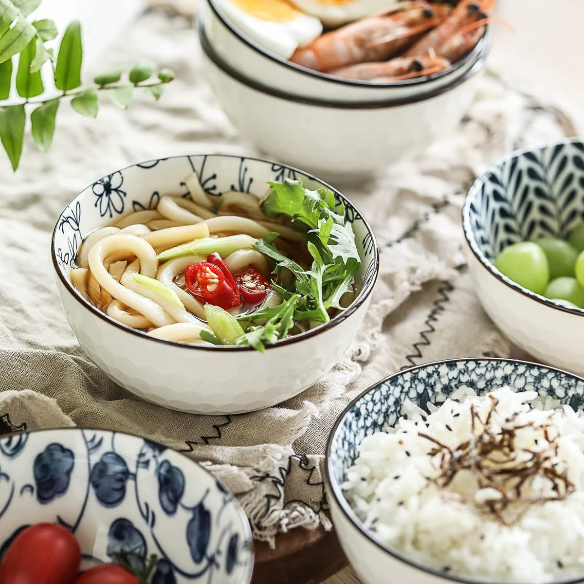 Japanese Style Ceramic Rice Bowls,10 Ounces Small Salad,Soup,Ice Cream Snack Dip Bowl Set of 6,Blue and White Floral Microwave Safe for Kitchen (4.5 inch)