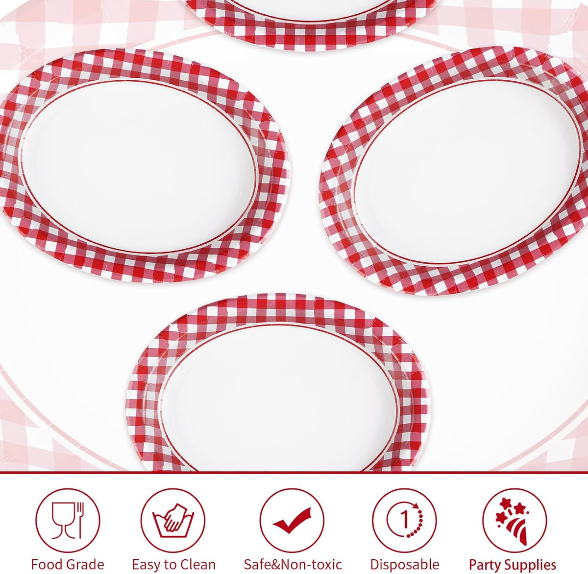 50Pcs Gingham Oval Paper Plates 10" x 12" Large Disposable Heavy Duty Red and White Buffalo Checked Plaid Dessert Platter Sturdy Plates for Fall Pizza Picnic BBQ Baby Shower Birthday Party Supplies