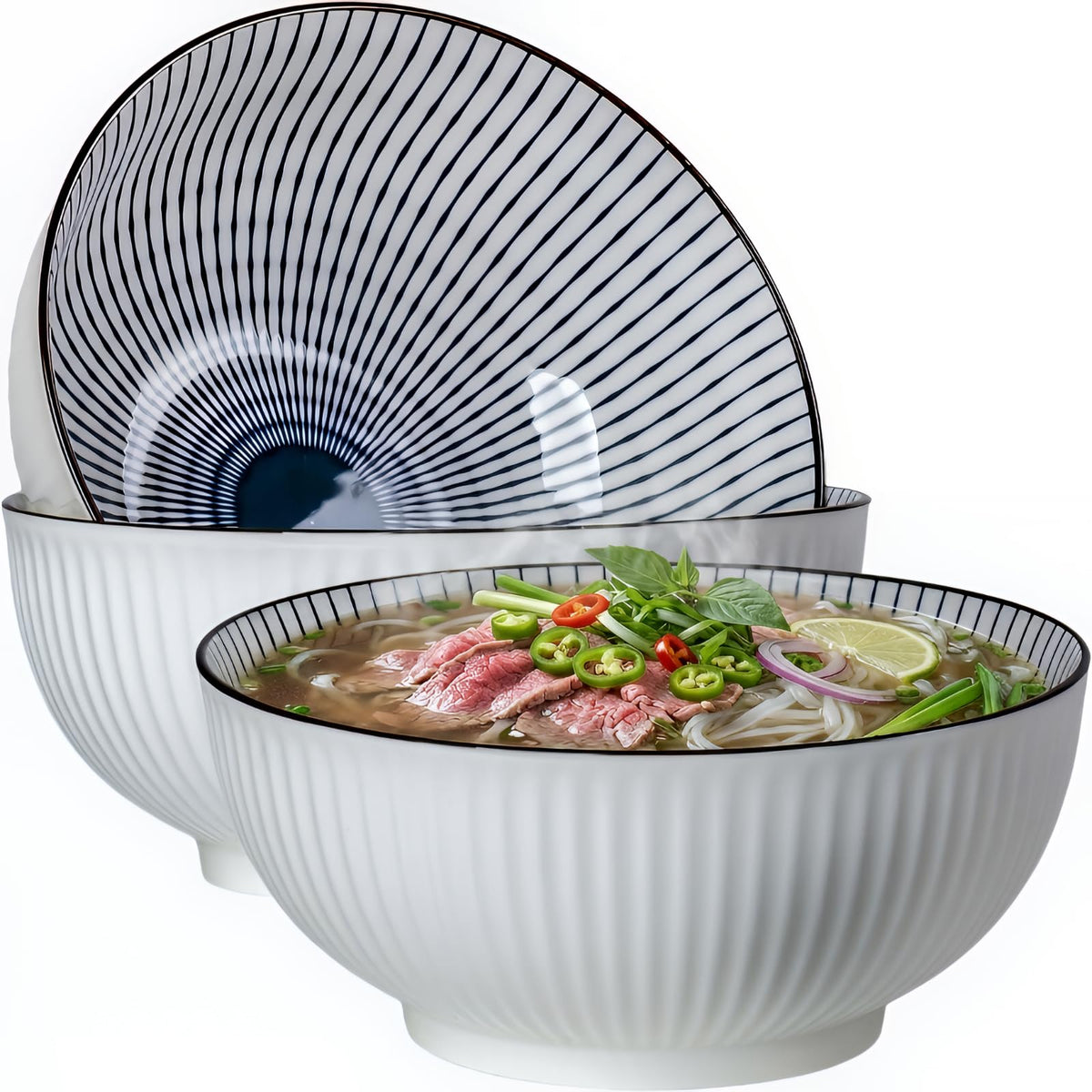 QINLANG 60 oz Large Soup Bowl, Pho Bowls, Japanese Ramen Bowls Set of 3, 8 in Blue and White Porcelain Big Bowls for Eating - 3 Mixing Patterns