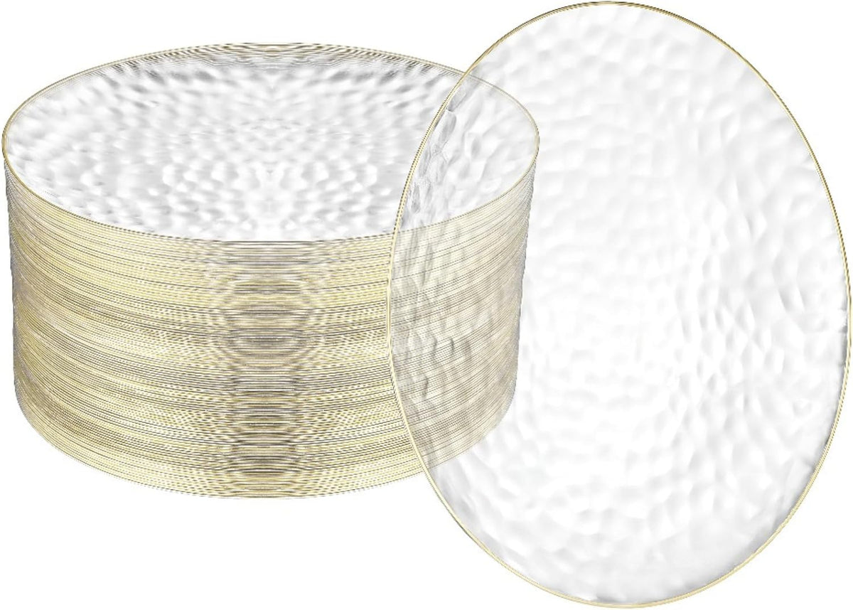 R-kay 100 Pack 7 Inch Clear Plastic Plates - Hammered Gold Rimmed Sturdy, Durable And Extra Heavy duty Gold Plastic Dessert, Appetizer Plates Disposable For All Occasions