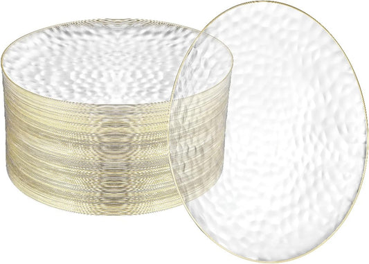 R-kay 100 Pack 7 Inch Clear Plastic Plates - Hammered Gold Rimmed Sturdy, Durable And Extra Heavy duty Gold Plastic Dessert, Appetizer Plates Disposable For All Occasions