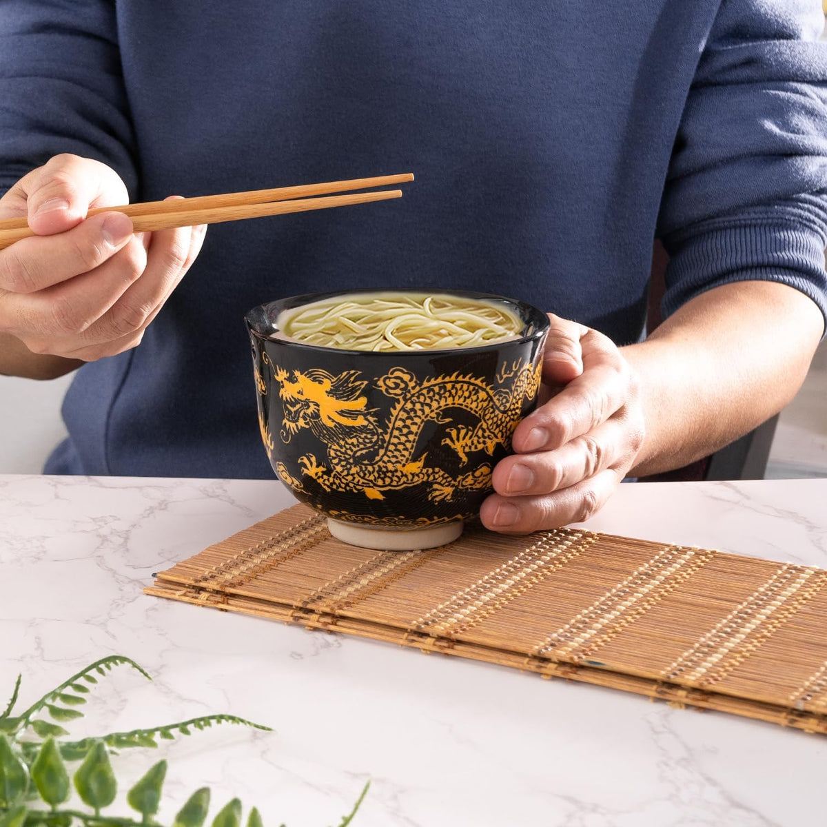 Urban Tokyo Handpainted Ceramic Glazed Japanese Ramen Udon Noodle Rice Bowl With Chopsticks 20 fl oz 5 inch Diameter Bowl Sets Color Box Packaging (Oriental Dragon Black)