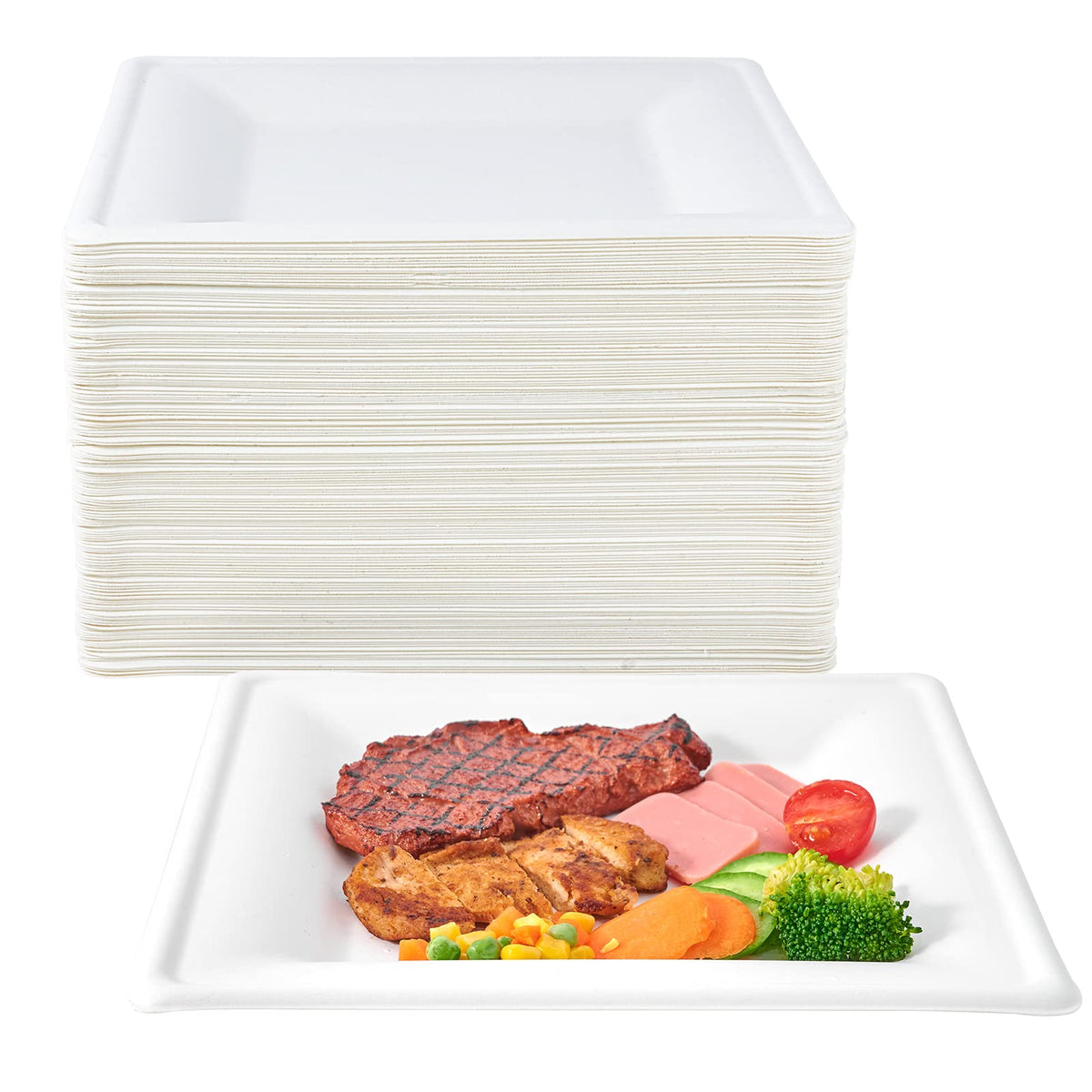 ECOLipak 150 Piecs Compostable Square Paper Plates, 8 inch, White