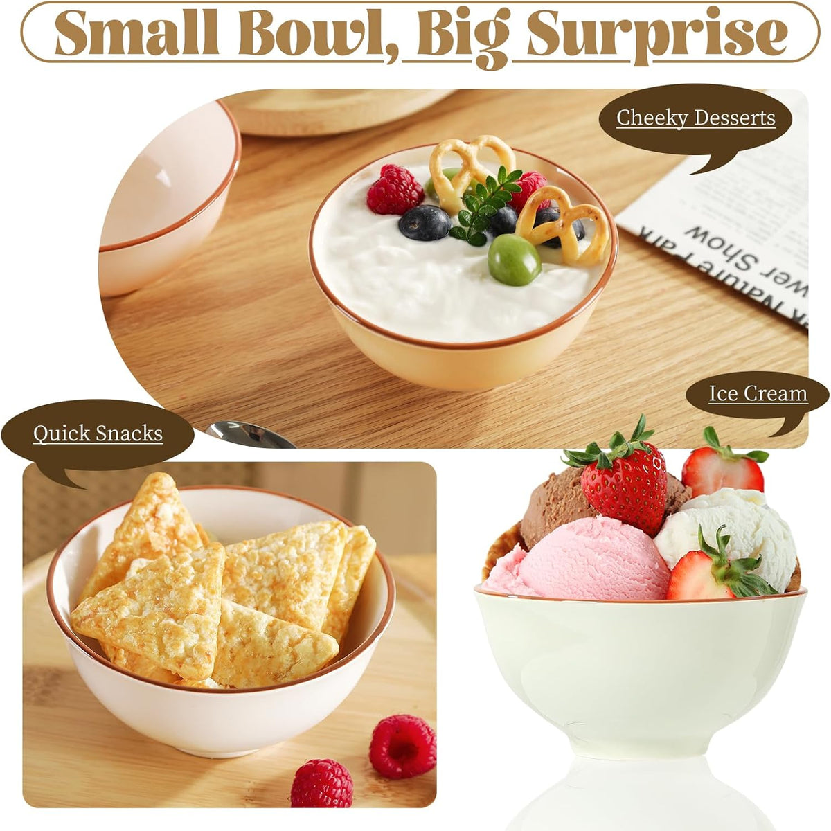 Ceramic Dessert Bowl Set of 6 - Small Porcelain Bowls for Rice, Snack, Ice Cream - Microwave and Dishwasher Safe - Assorted Candy Hue - 4.7 Inch - 10 OZ