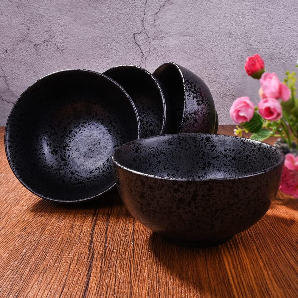 Japanese Ceramic Rice Bowl Set of 4,4.5 Inch Speckled Black Small Bowls