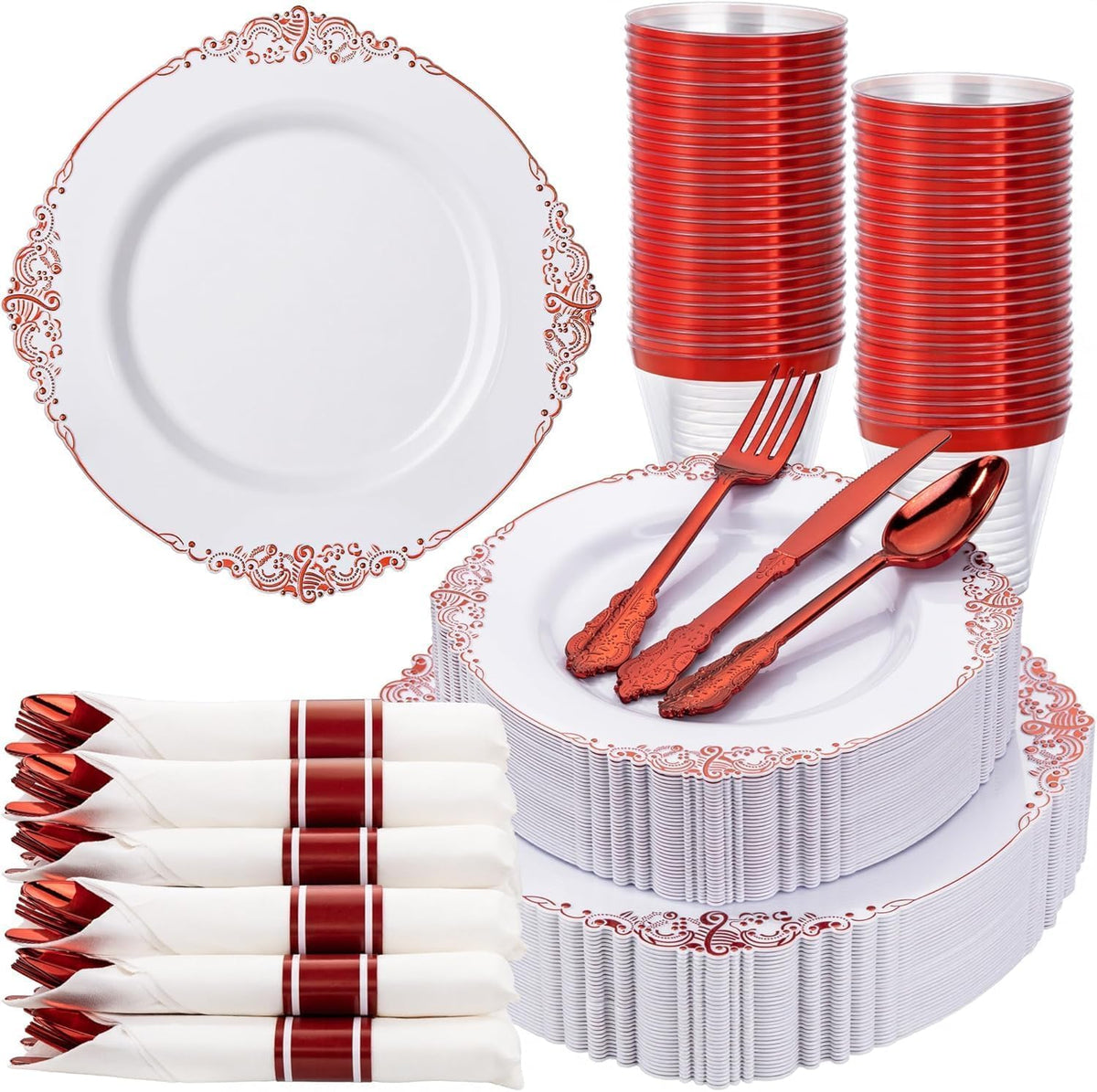 Nervure 350Pcs Gold Plastic Plates, Disposable Dinnerware Set for 50 Guests