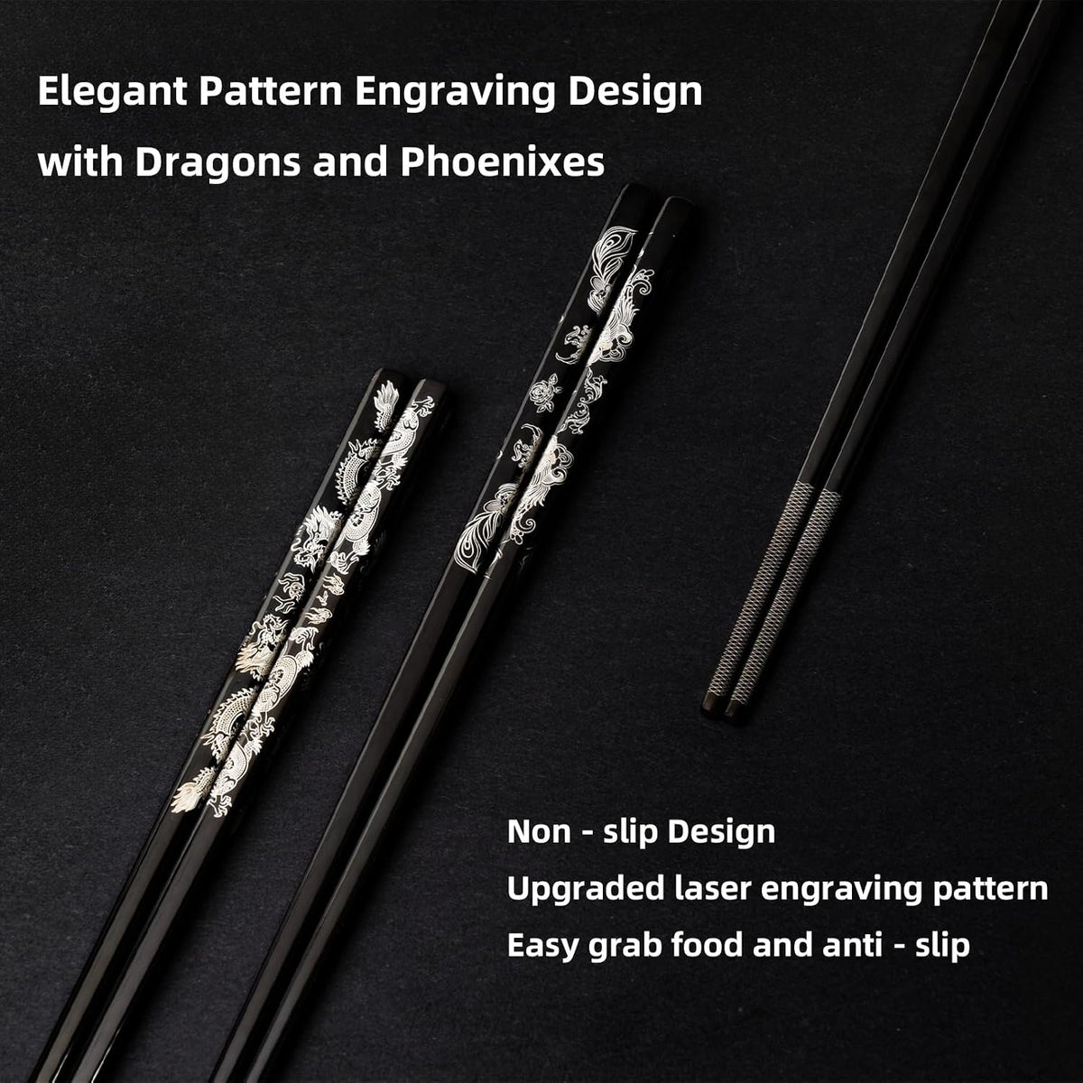 Dragon & Phoenix Black Stainless Steel Chopsticks, 2 Pairs