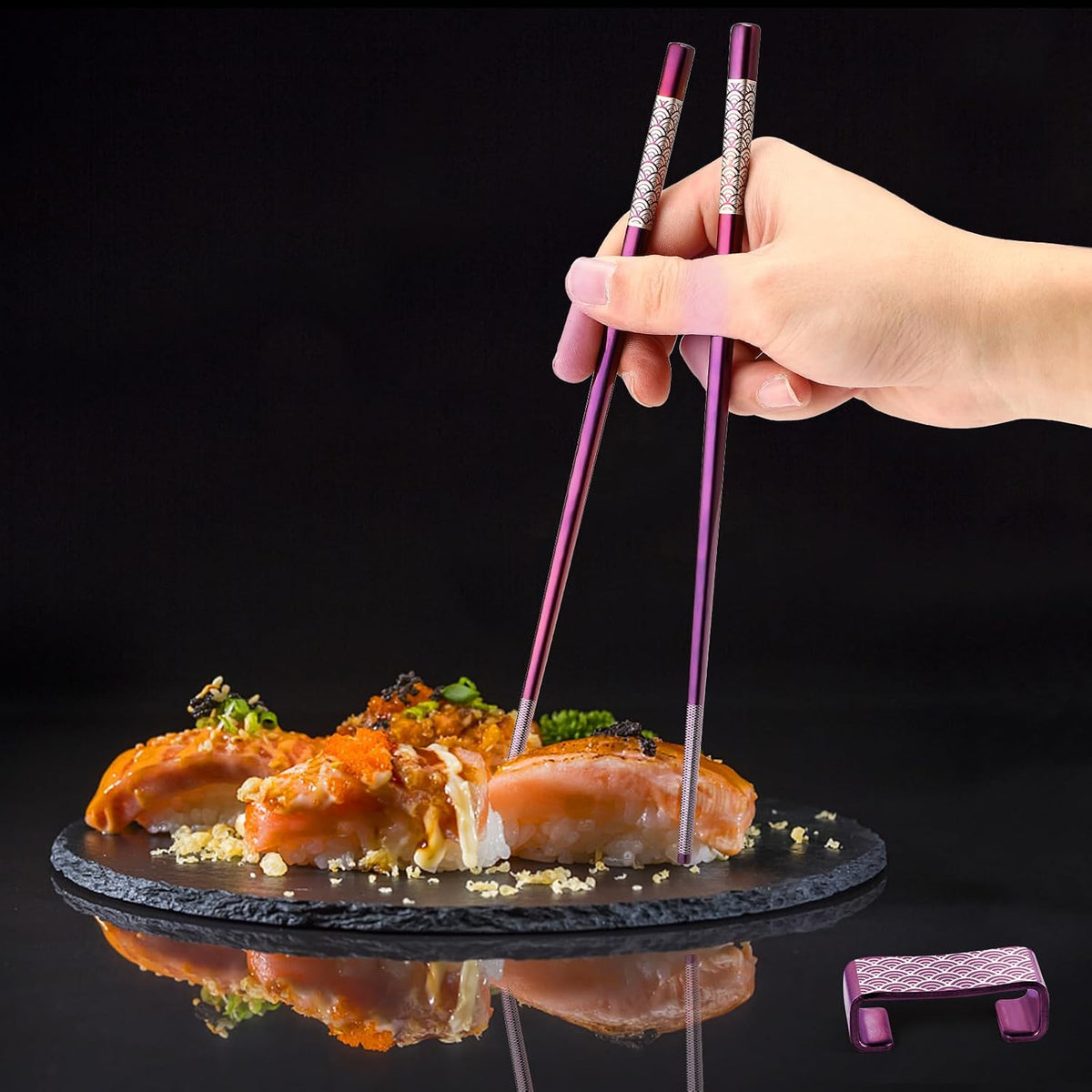 Metal Chopsticks Reusable 2 Pairs Titanium Stainless Steel 18/8 Chopsticks with Holder, Dishwasher Safe Lightweight Japanese Style Chopsticks Gift Set (Purple)