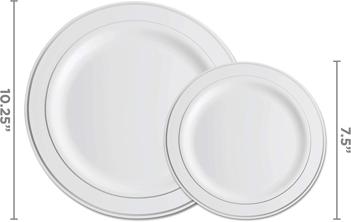 100 Silver Rim White Plastic Plates Set, 10 Inch 7 Inch Combo Pack 50 Each