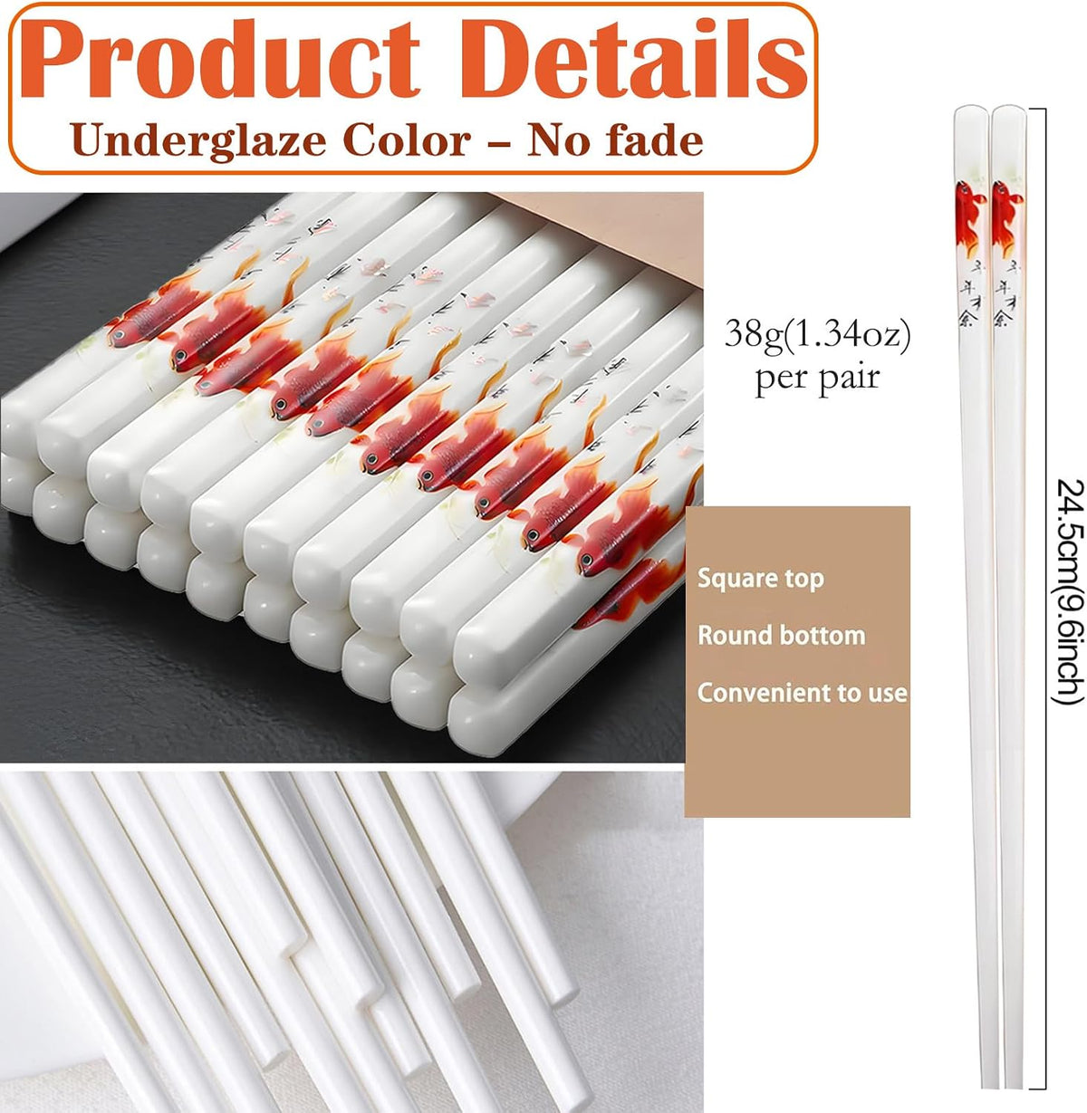 Ceramic Chopsticks Reusable,5 Pairs Porcelain Chop sticks,Red Fish,9.7''