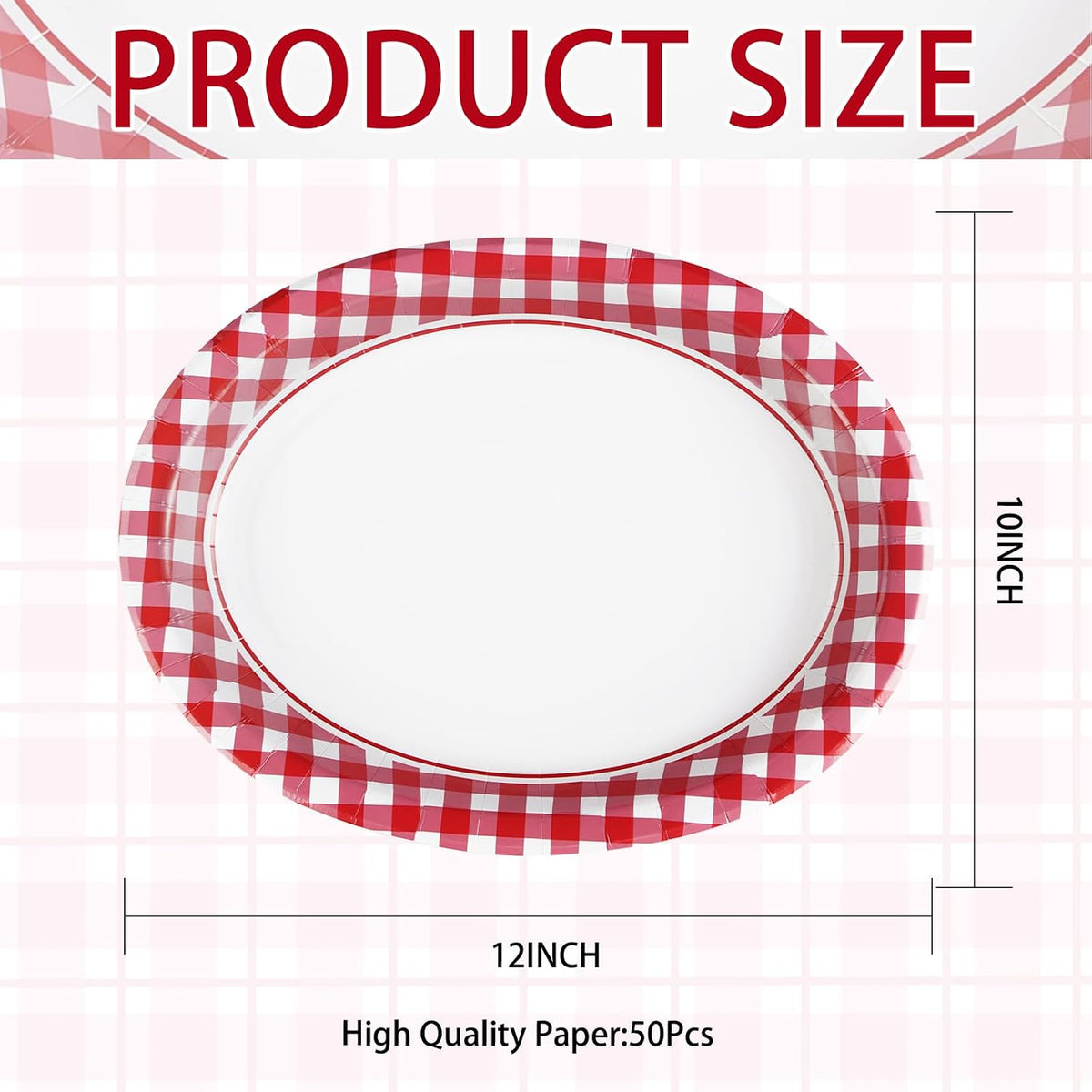 50Pcs Gingham Oval Paper Plates 10" x 12" Large Disposable Heavy Duty Red and White Buffalo Checked Plaid Dessert Platter Sturdy Plates for Fall Pizza Picnic BBQ Baby Shower Birthday Party Supplies