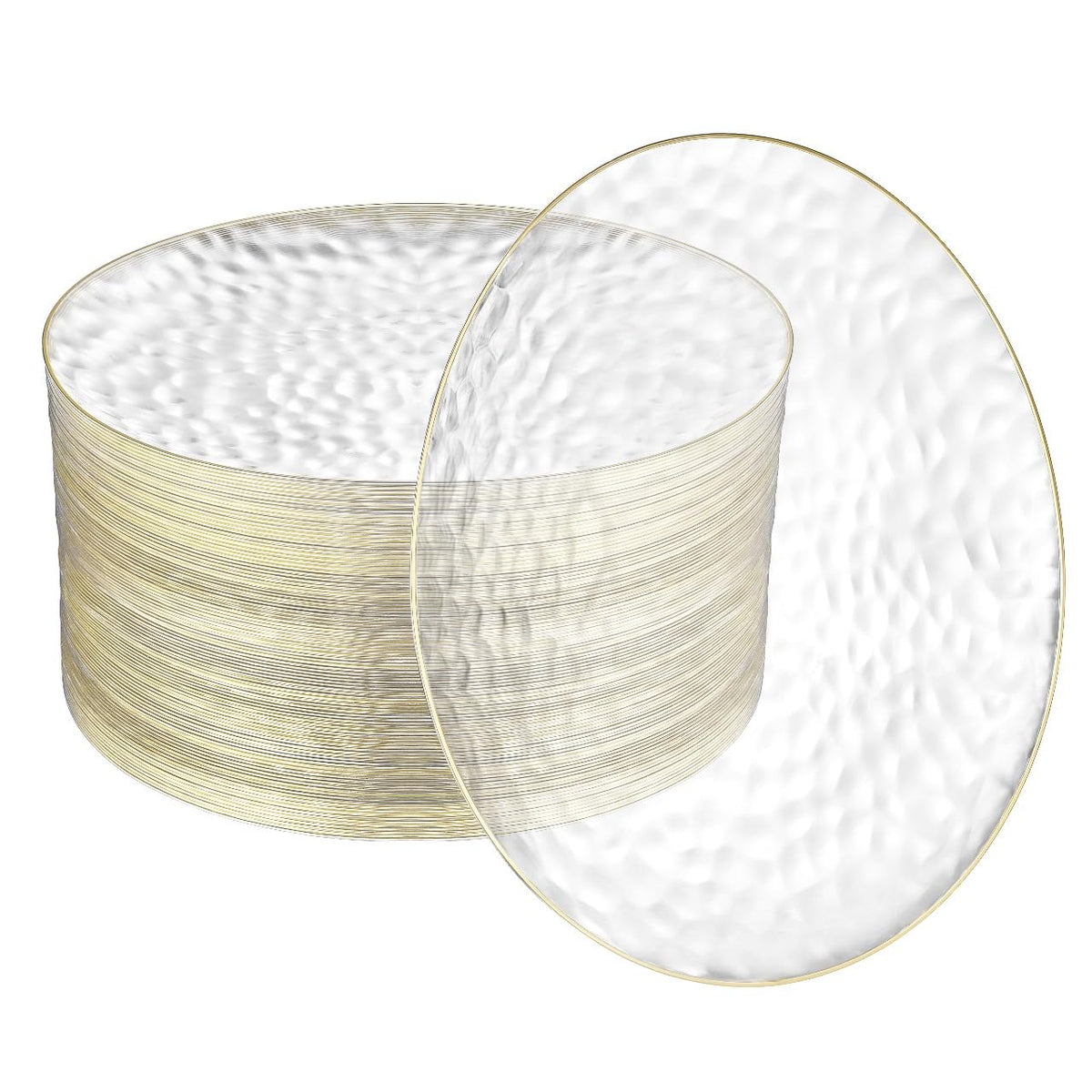 R-kay 100 Pack 7 Inch Clear Plastic Plates - Hammered Gold Rimmed Sturdy, Durable And Extra Heavy duty Gold Plastic Dessert, Appetizer Plates Disposable For All Occasions