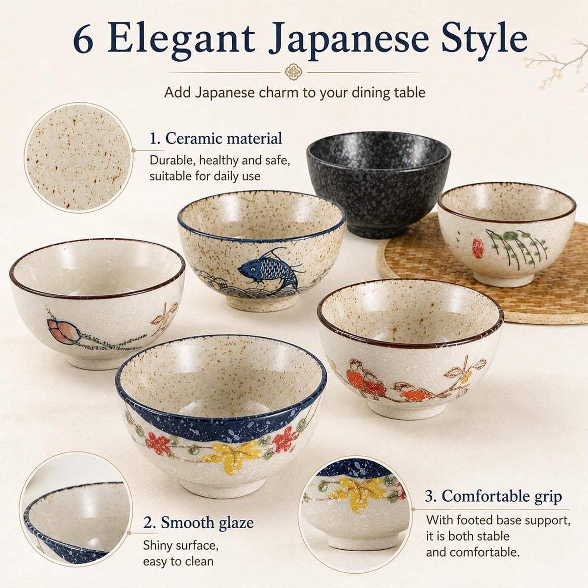 6 Pack Japanese Retro Rice Bowls Set
