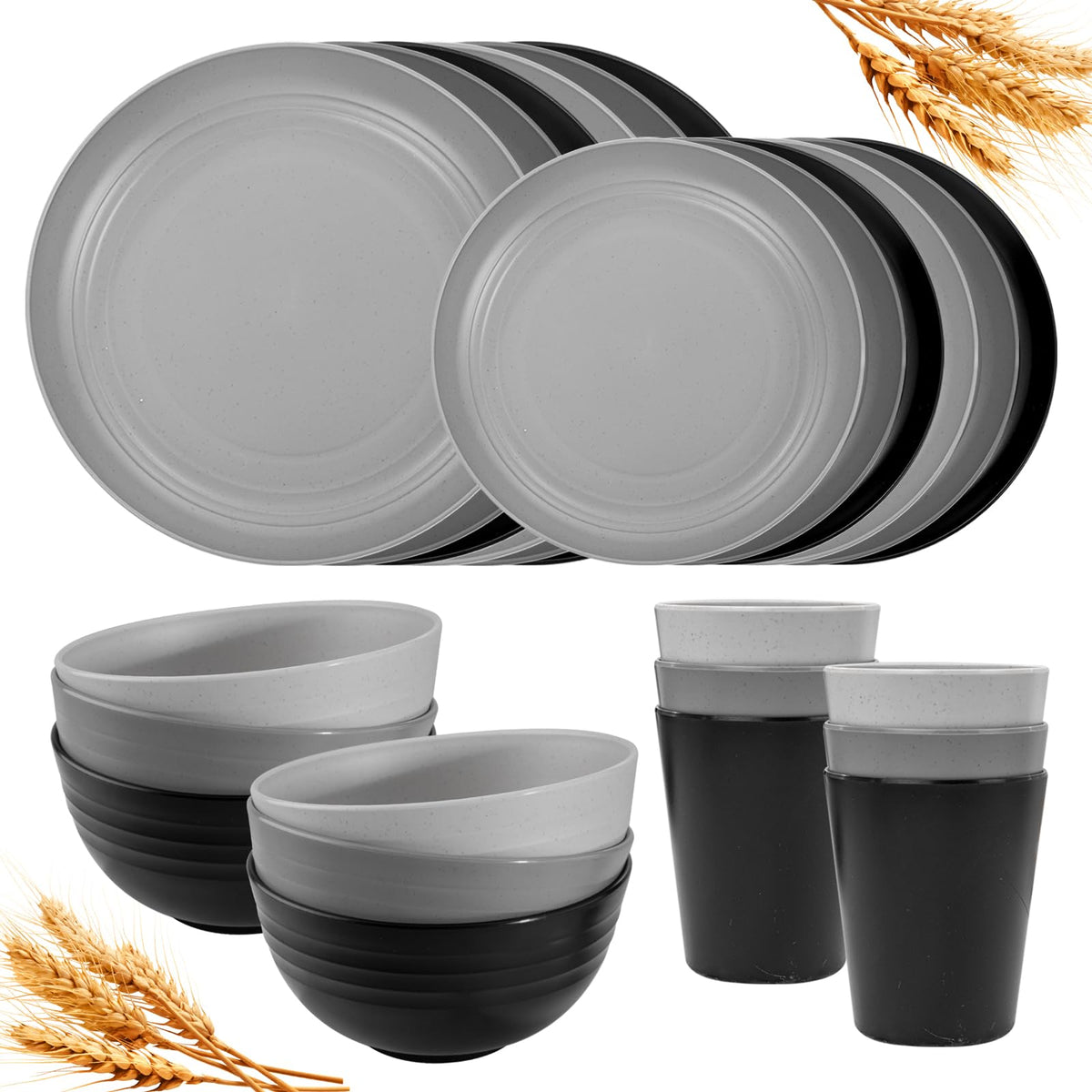 Rubtlamp Wheat Straw Dinnerware Sets, 16PCS Plastic Dinnerware Set for 4, Wheat Straw Plates and Bowls Sets, Unbreakable Dinnerware Plastic Microwave Safe Dishes Set for Kitchen&Camping