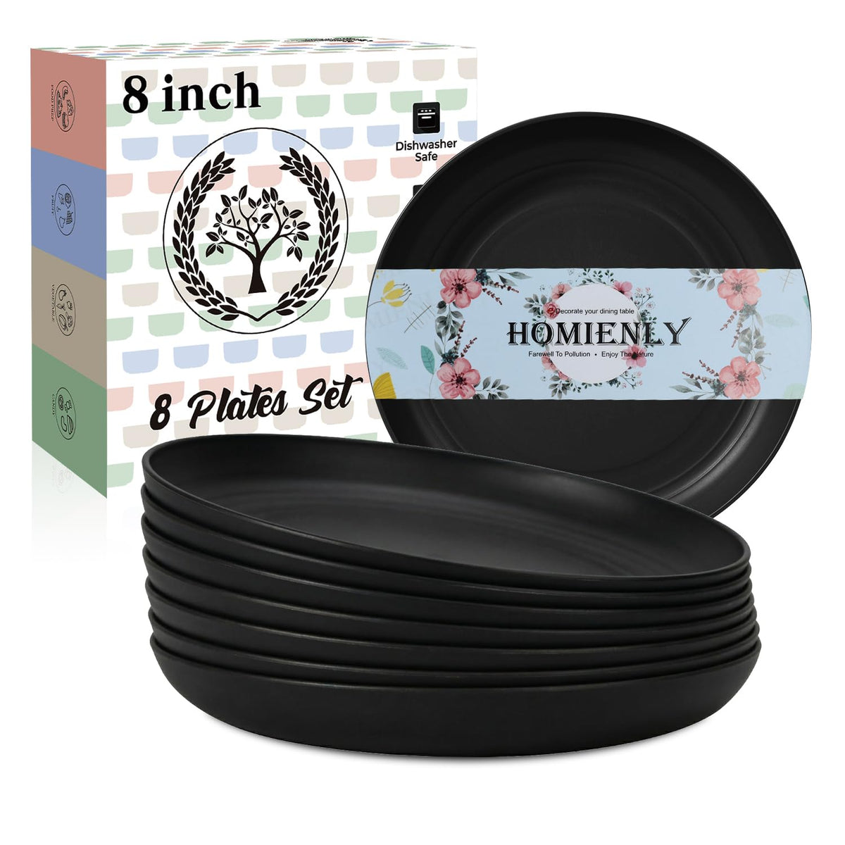 Homienly Deep Dinner Plates Set of 8 Alternative for Plastic Plates Microwave and Dishwasher Safe Wheat Straw Plates for Kitchen Unbreakable Kids Plate Set with 4 Colors (Classic Bright, 9 inch)