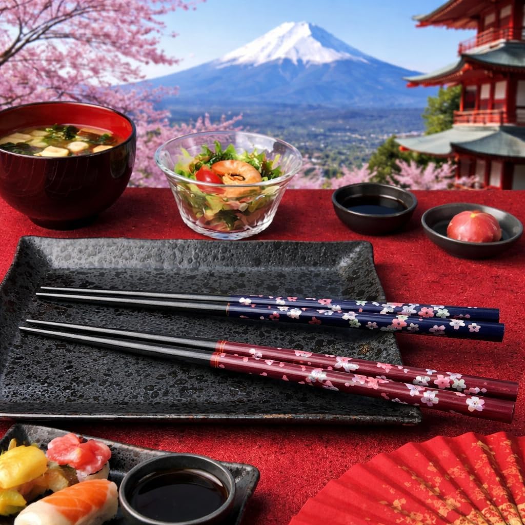 Premium Japanese Chopsticks Reusable 2pcs set [ Made in Japan ] Traditional Lacquer Art Wooden Chopsticks (Flower Navy/Purple(YM204))