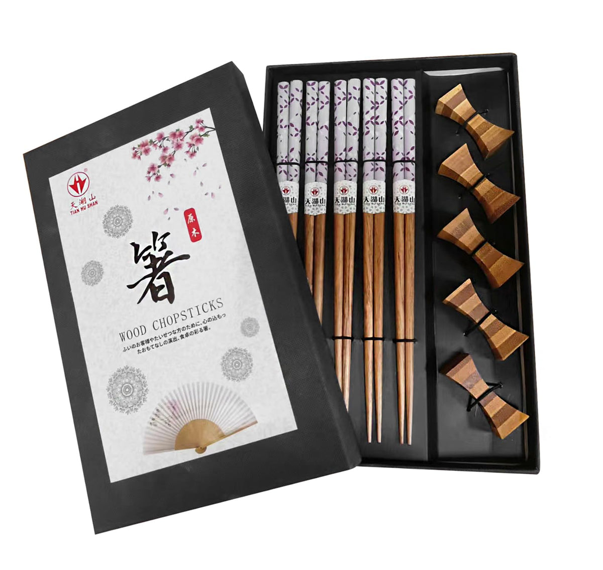 Wooden Chopsticks Reusable 5 Pairs Gift Set with 5pcs porcelain rest Panda and Green Bamboo Design Hand-Made 8.8 Inch/22.5cm