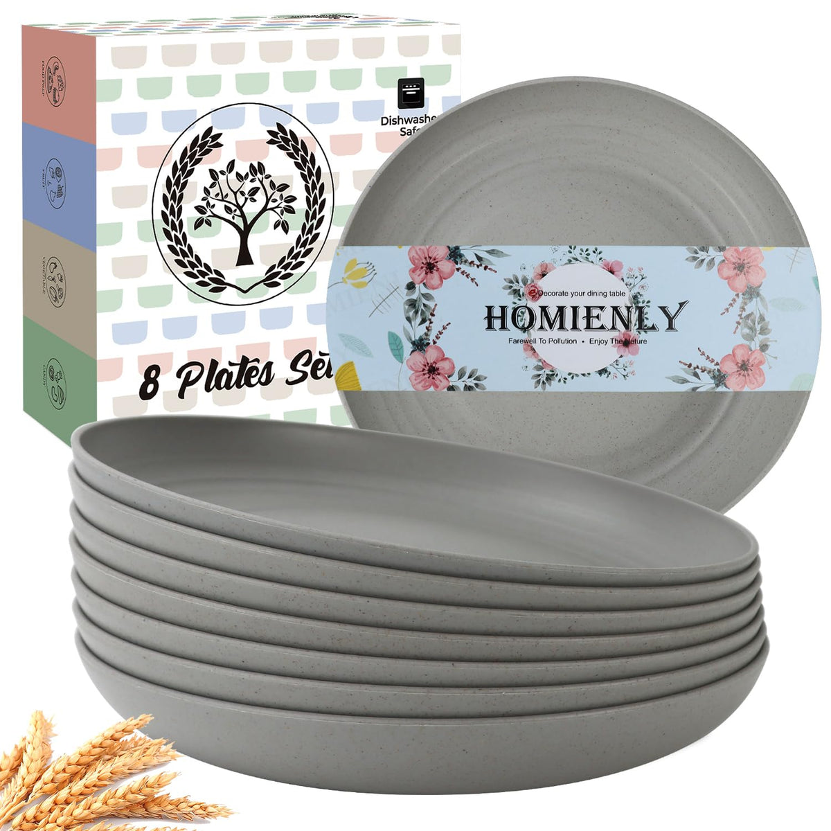 Homienly Deep Dinner Plates Set of 8 Alternative for Plastic Plates Microwave and Dishwasher Safe Wheat Straw Plates for Kitchen Unbreakable Kids Plate Set with 4 Colors (Classic Bright, 9 inch)