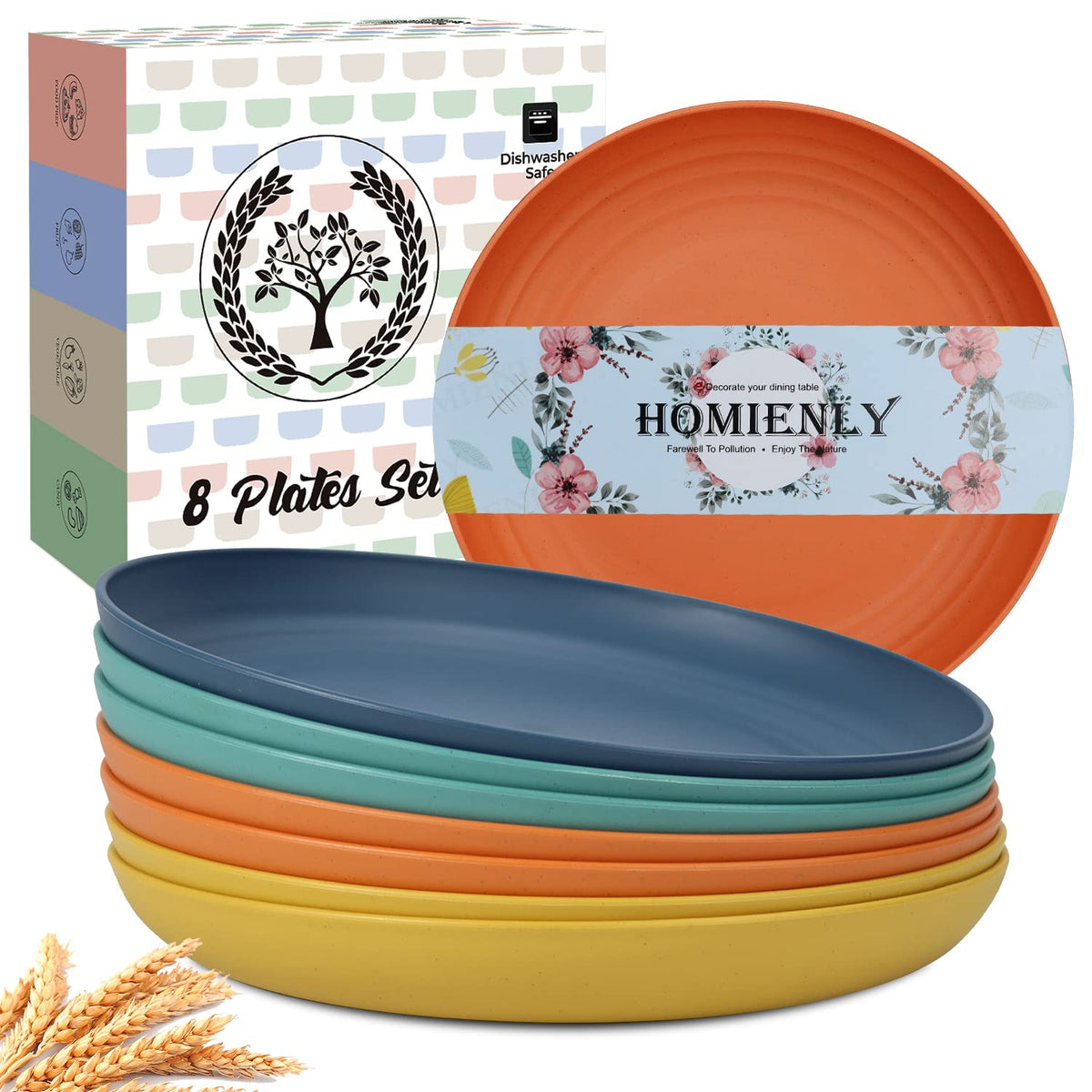 Homienly Deep Dinner Plates Set of 8 Alternative for Plastic Plates Microwave and Dishwasher Safe Wheat Straw Plates for Kitchen Unbreakable Kids Plate Set with 4 Colors (Classic Bright, 9 inch)