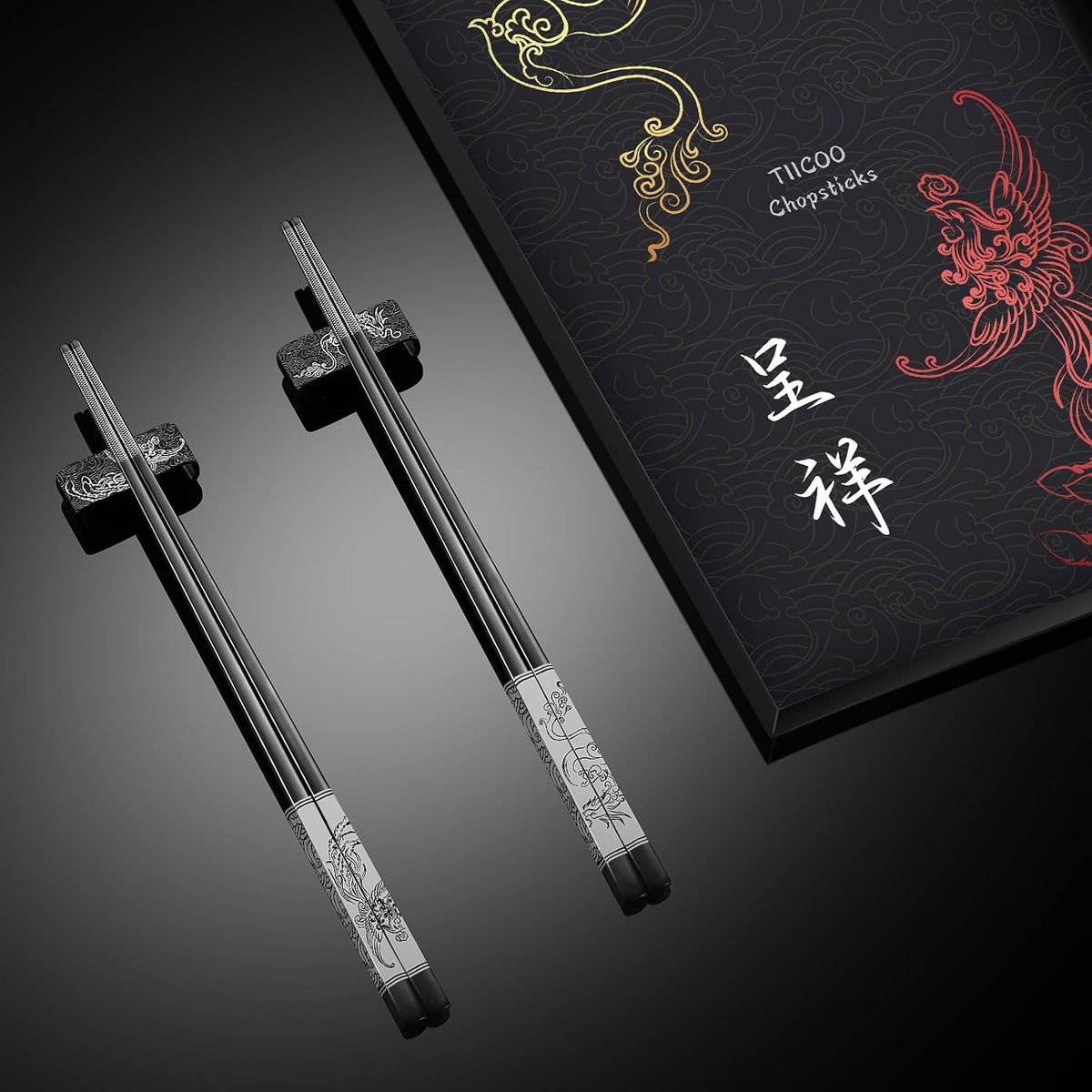 Dragon & Phoenix Stainless Steel Chopsticks Set - 4 Pairs 18/8 (304) Metal Chopsticks with Holder - Chinese Traditional Gift Set, Non-Slip, Dishwasher Safe, Elegant Black Gift Box