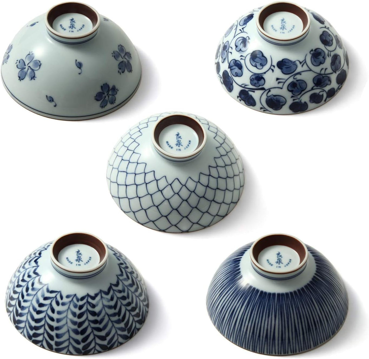 Mino Ware Japanese Pottery Set - Traditional Rice Bowls - Blue and White Asian Bowls - Hand Painted - Premium Ceramic - 5 Piece Soup Bowl Set