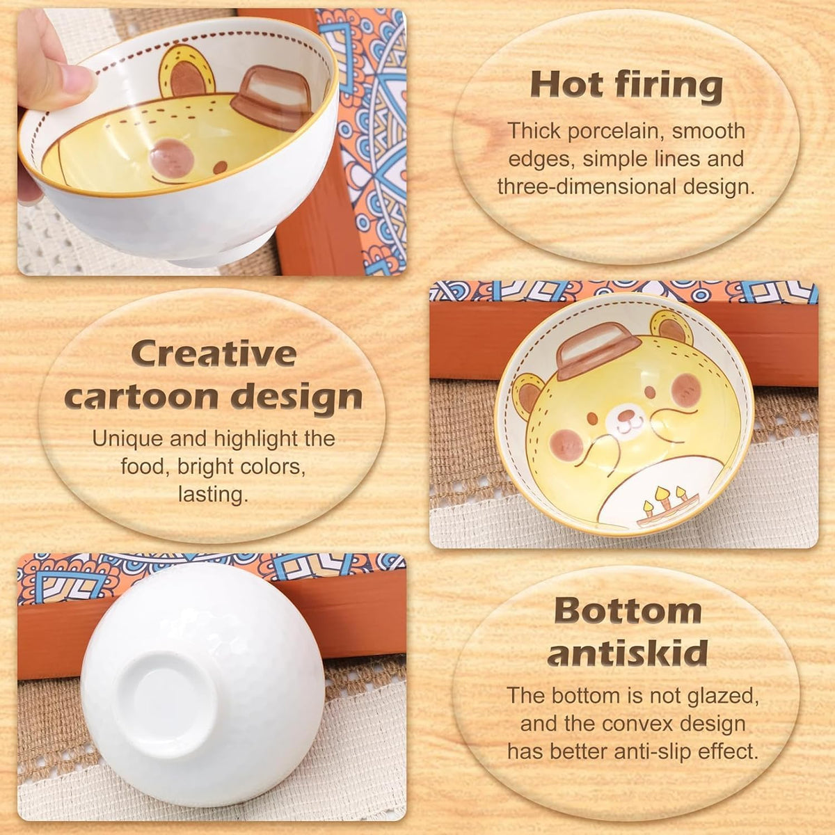 6 PCS Ceramic Rice Bowls, Cute Cartoon Small Dessert Bowl, Cereal Bowls Serving Bowl Gift Set, for Oatmeal, Ice Cream, Salads, Soups