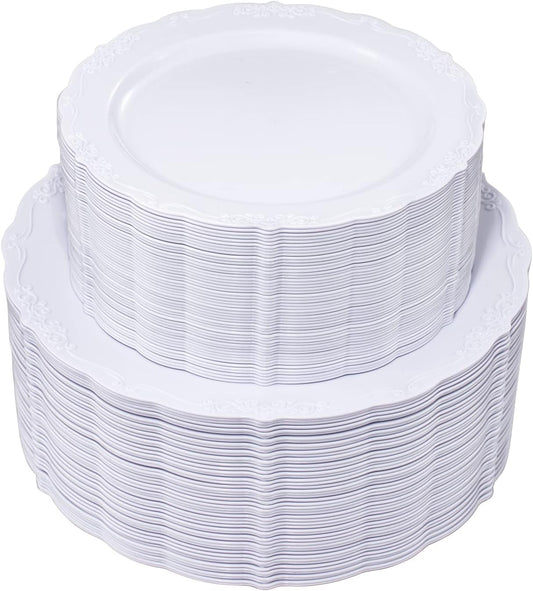 U-QE 100 Pcs White Plastic Plates, White Plates Disposable for Party